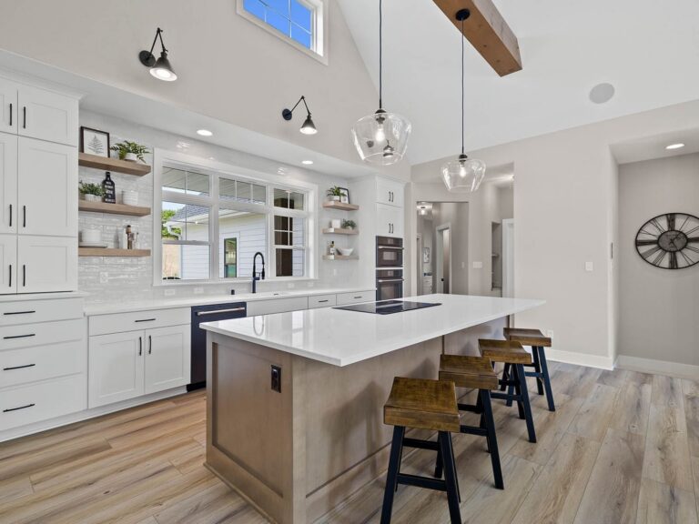 The Kenzie at Redford Hills, modern kitchen with island and lighting
